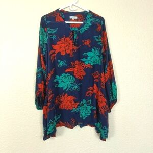 Women's World Market Tunic Navy Blue Boho‎ Floral Flowy Top Neckline Size L/XL